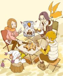 1girl 2boys :d black_hair blonde_hair brown_eyes brown_jacket brown_pantyhose brown_shorts campfire camping_chair digimon digimon_(creature) digimon_adventure gdn0522 glasses gloves gomamon grey_gloves grey_pants hair_intakes hair_ornament hairclip highres hood hood_down hooded_jacket index_finger_raised ishida_yamato jacket kido_jo medium_hair multiple_boys open_clothes open_jacket open_mouth orange_scarf pants pantyhose pantyhose_under_shorts parted_bangs patamon pink_jacket scarf short_hair shorts sitting smile sweater tailmon white_gloves white_sweater wing_collar yagami_hikari