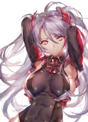Rule 34 | 1girl, absurdres, antenna hair, armpits, arms behind head, azur lane, breasts, covered navel, cross, hair between eyes, headgear, highres, iron cross, large breasts, light particles, long hair, looking at viewer, michudx, military, military uniform, mole, mole on breast, multicolored hair, prinz eugen (azur lane), red eyes, red hair, sidelocks, signature, silver hair, solo, streaked hair, taut clothes, two side up, uniform, very long hair