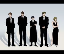 Rule 34 | 1girl, 4boys, auruo bossard, coat, crossed arms, dress, erd gin, evening gown, formal, ghost in the shell lineup, gunter shulz, hands in pocket, hands in pockets, letterboxed, levi (shingeki no kyojin), multiple boys, necktie, overcoat, pant suit, pants, petra ral, shingeki no kyojin, suit, yappo (point71)