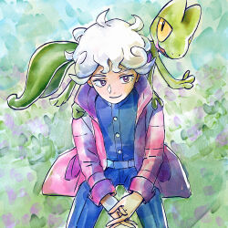 Rule 34 | 1boy, bede (pokemon), belt, blue jacket, blue pants, bright pupils, buttons, closed mouth, coat, commentary, creatures (company), curly hair, game freak, gen 3 pokemon, go-lurk, highres, jacket, male focus, nintendo, own hands together, pants, pink coat, pokemon, pokemon (creature), pokemon on back, pokemon swsh, purple eyes, short hair, smile, treecko, white hair, white pupils