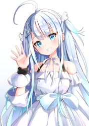 Rule 34 | 1girl, ahoge, amatsuka uto, bare shoulders, blue background, blue bow, blue eyes, blue hair, blush, bow, commentary request, dress, gradient background, grin, hair ornament, hairclip, hand up, head tilt, highres, indie virtual youtuber, long sleeves, off-shoulder dress, off shoulder, silver hair, smile, solo, sylphine, twitter username, virtual youtuber, white background, white dress