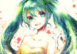 Rule 34 | 1girl, aqua eyes, aqua hair, bad id, bad pixiv id, bare shoulders, hair between eyes, hatsune miku, long hair, looking at viewer, open mouth, sazanami shione, smile, solo, twintails, vocaloid