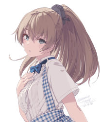 Rule 34 | 1girl, artist name, blue eyes, blush, brown hair, buttons, collared shirt, dated, hair between eyes, kantai collection, kobeya uniform, kumano (kancolle), long hair, open mouth, ponytail, rokuwata tomoe, shirt, short sleeves, signature, simple background, solo, twitter username, upper body, white background, white shirt