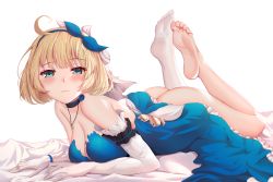 Rule 34 | 1girl, absurdres, ahoge, ass, asymmetrical gloves, bare shoulders, barefoot, blonde hair, blue dress, blush, breasts, closed mouth, commission, dankesang, dress, elbow gloves, feet, full body, girls&#039; frontline, gloves, highres, looking at viewer, lying, m1911 (breaker of the sky) (girls&#039; frontline), m1911 (girls&#039; frontline), official alternate costume, on stomach, pixiv commission, simple background, single thighhigh, soles, solo, the pose, thighhighs, uneven gloves, white background, white gloves, white thighhighs