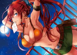 Rule 34 | 10s, 1girl, adjusting hair, armlet, armpits, arms behind head, arms up, bare shoulders, bellows (suisei no gargantia), belt, belt pouch, bikini, bikini top only, blue eyes, blush, breasts, cleavage, closed mouth, collarbone, cowboy shot, dutch angle, earrings, full moon, groin, hair ornament, hoop earrings, jewelry, large breasts, letter, long hair, looking at viewer, moon, mouth hold, navel, night, night sky, ocean, pouch, railing, red hair, short shorts, shorts, shouno kotarou, sidelocks, sky, smile, solo, star (sky), starry sky, stomach, suisei no gargantia, swimsuit