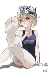 Rule 34 | 1girl, :d, absurdres, arm support, blonde hair, blue one-piece swimsuit, blush, feet, foot focus, goddess of victory: nikke, hard hat, heart, helmet, highres, k.uncomfortable, liter (guardfish) (nikke), liter (nikke), looking at viewer, official alternate costume, one-piece swimsuit, open mouth, short hair, signature, simple background, sitting, smile, solo, swimsuit, thighhighs, white background, white thighhighs, yellow eyes