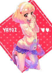 Rule 34 | 10s, 1girl, blonde hair, cardigan, character name, emo3ktkr, full body, hairband, heart, kise yayoi, kneehighs, kneeling, loafers, own hands together, polka dot, polka dot background, precure, red background, red eyes, school uniform, see-through, shoes, short hair, shy, skirt, smile precure!, socks, solo, white hairband