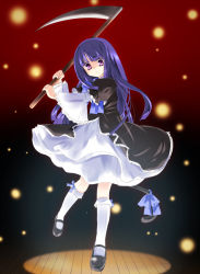 Rule 34 | blue hair, dress, frederica bernkastel, frills, haruno (macoro), highres, long hair, purple eyes, ribbon, scythe, socks, solo, tail, umineko no naku koro ni