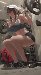 Rule 34 | 1girl, absurdres, barbell, bare shoulders, baseball cap, black footwear, black shorts, breasts, brown eyes, brown hair, cleavage, collarbone, electrical outlet, exercising, free style (yohan1754), grey sports bra, hat, highres, large breasts, long hair, navel, original, ponytail, shoes, short shorts, shorts, sidelocks, sneakers, solo, sports bra, squatting, sweat, weightlifting, white hat