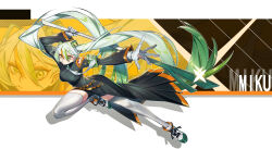 Rule 34 | 1girl, absurdres, armband, black coat, chinese commentary, coat, commentary request, creatures (company), detached sleeves, eyeshadow, fighting miku (project voltage), food, game freak, gloves, green armband, hatsune miku, highres, holding, holding food, holding spring onion, holding vegetable, long hair, long sleeves, makeup, multicolored hair, necktie, nintendo, orange eyeshadow, orange trim, outstretched arm, pokemon, project voltage, shoes, side slit, single detached sleeve, sneakers, spring onion, thighhighs, twintails, vegetable, very long hair, vocaloid, white gloves, white hair, white necktie, white thighhighs, yeyoutiangong