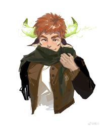 Rule 34 | 1boy, absurdres, animal ears, blush, brown eyes, brown hair, cow boy, cow ears, cow horns, cropped torso, dichuan (arriverw), ears down, facial hair, fiery horns, forked eyebrows, glowing horns, goatee, highres, horns, jacket, looking at viewer, male focus, open clothes, open jacket, scarf, short hair, smile, solo, thick eyebrows, tokyo houkago summoners, wakan tanka
