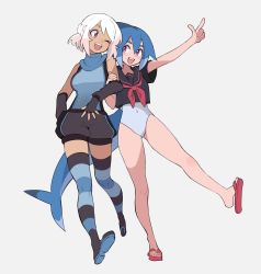 Rule 34 | 2girls, arm up, azuumori, black gloves, black sailor collar, black shirt, black shorts, blue hair, borrowed character, braid, character request, covered navel, fingerless gloves, fins, fish tail, french braid, gloves, highres, mako (azuumori), multiple girls, neckerchief, one-piece swimsuit, one eye closed, original, pink footwear, purple eyes, red neckerchief, sailor collar, sandals, shark fin, shark girl, shark tail, shirt, short hair, short sleeves, shorts, simple background, striped clothes, striped thighhighs, swimsuit, swimsuit under clothes, tail, thighhighs, white background, white hair, white one-piece swimsuit