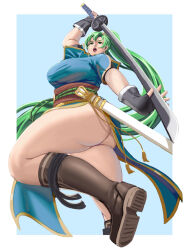 Rule 34 | 1girl, alterxsu, ass, boots, breasts, dress, earrings, fire emblem, green eyes, green hair, highres, huge ass, huge breasts, jewelry, katana, large breasts, long hair, lyn (fire emblem), nintendo, open mouth, plump, ponytail, sheath, solo, sword, thick thighs, thighs, very long hair, weapon