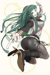 Rule 34 | 1girl, belt, black footwear, boots, bracelet, breasts, cleopatra (fate), earrings, fate/grand order, fate (series), fingernails, green eyes, green hair, hairband, head tilt, high heel boots, high heels, highres, hoop earrings, jewelry, jumping, long hair, looking at viewer, looking back, necklace, open mouth, pantyhose, ring, shirokuma1414, shorts, simple background, solo, very long hair