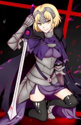 Rule 34 | 1girl, armor, bad id, bad pixiv id, black thighhighs, blonde hair, breasts, cape, capelet, chain, fate/grand order, fate (series), headpiece, highres, jeanne d&#039;arc (fate), jeanne d&#039;arc alter (avenger) (fate), jeanne d&#039;arc alter (fate), kneeling, on one knee, sand (redsunny924), short hair, smile, solo, sword, thighhighs, thighs, torn clothes, torn thighhighs, weapon, yellow eyes