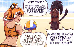 Rule 34 | 2girls, angry, animal ears, animal print, ball, beach volleyball, breasts, cat ears, cat tail, cleavage, dark-skinned female, dark skin, holding, holding ball, kotora (mazume), leola, leopard ears, leopard print, leopard tail, mazume, multicolored hair, multiple girls, navel, orange hair, original, playing sports, speech bubble, tail, text focus, tiger ears, tiger print, tiger tail, volleyball, volleyball (object), volleyball net, white hair