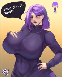 Rule 34 | absurdres, blush, breasts, chain, chain necklace, ear piercing, green eyes, highres, huge breasts, jebjebbz, jewelry, lily (duolingo), makeup, mature female, mole, necklace, piercing, purple hair, purple lips, sweater