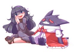Rule 34 | 1girl, @ @, aoihitsuji, black footwear, black hair, blush, bow, bowtie, clothed pokemon, commentary request, creatures (company), dress, full body, game freak, gen 1 pokemon, gengar, hair between eyes, hairband, hex maniac (pokemon), long dress, long hair, long sleeves, mary janes, nintendo, open mouth, own hands together, pokemon, pokemon (creature), pokemon xy, purple dress, purple eyes, purple hairband, red bow, red bowtie, shoes, simple background, sitting, smile, white background, white dress