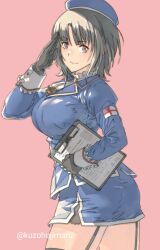 Rule 34 | 1girl, ascot, beret, black gloves, black hair, black thighhighs, blue hat, blush, breasts, clipboard, garter straps, gloves, hat, kantai collection, large breasts, looking at viewer, military, military uniform, pink background, red eyes, salute, short hair, skirt, smile, solo, suzumaru, takao (kancolle), thighhighs, twitter username, uniform