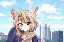 Rule 34 | ahoge, animal ear fluff, animal ears, blue jacket, blue sky, brown hair, building, chaakusu, cityscape, cloud, commentary, day, ear piercing, earclip, expressionless, fennery (show by rock!!), fox ears, fox tail, hair ornament, hairclip, jacket, lens flare, light brown hair, multicolored hair, orange eyes, piercing, scarf, short hair, show by rock!!, sky, solo, tail, two-tone hair, upper body