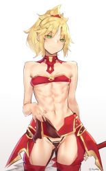 Rule 34 | 1girl, abs, absurdres, bare arms, black panties, blonde hair, clarent (fate), clothes pull, deccatezu, fate/apocrypha, fate/grand order, fate (series), gluteal fold, green eyes, highres, mordred (fate), mordred (fate/apocrypha), neck, panties, pantyshot, ponytail, red scrunchie, scrunchie, smile, sword, thighs, underwear, weapon