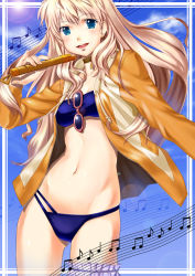 Rule 34 | 1girl, absurdres, bandeau, bikini, blonde hair, blue eyes, breasts, choker, female focus, framed, gabiran, highres, instrument, jacket, lens flare, long hair, macross, macross frontier, musical note, navel, outdoors, pinky out, sheryl nome, shirt, sky, smile, solo, sun, sunglasses, swimsuit, taut clothes, taut shirt