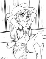 Rule 34 | 1girl, apple, arms behind head, breasts, caffeccino, character request, cleavage, cowboy hat, food, front-tie top, fruit, hat, highres, legs, looking at viewer, medium breasts, midriff, monochrome, navel, open mouth, pants, ponytail, sitting, solo, thighs, torn clothes