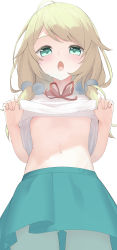 Rule 34 | 1girl, :o, absurdres, ahoge, beads, blonde hair, blush, clothes lift, enri madoka, gluteal fold, green eyes, green skirt, hair beads, hair ornament, highres, idolmaster, idolmaster cinderella girls, lifted by self, looking at viewer, shirt, shirt lift, simple background, skirt, solo, steam, thighhighs, twintails, white background, white shirt, yusa kozue