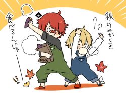 Rule 34 | &gt;:), 2boys, bag, black shirt, blonde hair, blush stickers, food, food in mouth, fukase, ginkgo leaf, leaf, long sleeves, male focus, mizuhoshi taichi, multiple boys, oliver (vocaloid), overalls, red hair, shirt, steam, sweet potato, vocaloid, white shirt