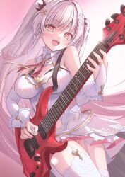 Rule 34 | 1girl, :d, bare shoulders, blush, breasts, bridal gauntlets, commentary, dress, electric guitar, garter straps, grey hair, guitar, hair ornament, highres, holding, holding plectrum, indie virtual youtuber, instrument, large breasts, long hair, looking at viewer, open mouth, pink eyes, plectrum, regimiruku, sleeveless, sleeveless dress, smile, solo, suou patra, symbol-only commentary, thighhighs, two side up, virtual youtuber, white dress, white garter straps, white thighhighs