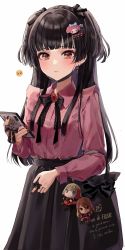 Rule 34 | 1girl, absurdres, bag, black bow, black bowtie, black hair, black skirt, blunt bangs, blush, bow, bowtie, brooch, brown eyes, cellphone, character doll, collared shirt, commentary, cowboy shot, earrings, emoji, emoticon, female focus, french text, hair ornament, hairclip, handbag, heart, heart hair ornament, highres, holding, holding phone, idolmaster, idolmaster shiny colors, jewelry, kudou (sikisiki0000), long hair, long sleeves, looking at viewer, mayuzumi fuyuko, nail polish, phone, pleading face emoji, pleated skirt, red nails, red shirt, sad, shirt, shirt tucked in, simple background, skirt, smartphone, solo, symbol-only commentary, tears, white background