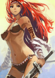 Rule 34 | 1girl, absurdres, bare shoulders, breasts, brown eyes, cowboy shot, dual wielding, gradient background, highres, holding, long hair, navel, okuto, original, parted lips, red hair, solo, stomach, sword, tattoo, thighhighs, underboob, weapon