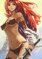 1girl absurdres bare_shoulders breasts brown_eyes cowboy_shot dual_wielding female_focus gradient_background highres holding long_hair navel okuto original parted_lips red_hair solo stomach sword tattoo thighhighs underboob weapon