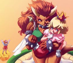 Rule 34 | 1boy, 2girls, age difference, blonde hair, blue eyes, bowser, breasts, child, collar, crossdressing, crown, dress, gender request, genderswap, hat, horns, large breasts, long hair, mario, mario (series), multiple girls, nintendo, open mouth, princess peach, red eyes, short hair, super mario bros. 1, thighhighs, tongue, trap