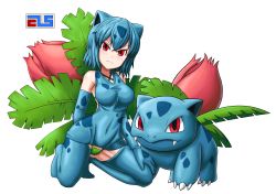 Rule 34 | 1girl, absurdres, animal ears, arm behind back, artist name, bare shoulders, blue dress, blue gloves, blue hair, blue thighhighs, blush, bra, bra strap, breasts, claws, closed mouth, collarbone, covered navel, creatures (company), dress, elbow gloves, fangs, female focus, full body, game freak, gen 1 pokemon, gloves, gluteal fold, green bra, green panties, highres, ivysaur, kneeling, large breasts, leaf, looking at viewer, nintendo, panties, partially visible vulva, pokemon, pokemon (creature), red eyes, short dress, short hair, shougun (chuckni1), simple background, sleeveless, sleeveless dress, spread legs, standing, thighhighs, underwear, watermark, white background