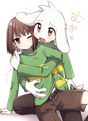 Rule 34 | 1boy, 1other, arm support, asriel dreemurr, belt, belt buckle, blush, bob cut, brown belt, brown eyes, brown hair, brown pants, brown shorts, buckle, chara (undertale), closed mouth, fangs, fingernails, furry, furry male, goat boy, green sweater, highres, hug, hug from behind, leftporygon, long sleeves, looking at viewer, one eye closed, open mouth, pants, red eyes, shadow, short hair, shorts, skin fangs, striped clothes, striped sweater, sweater, tearing up, turtleneck, turtleneck sweater, undertale, white background, white fur, white tail, yellow sweater