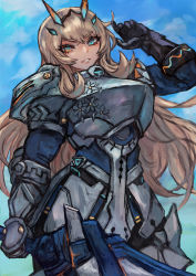 Rule 34 | 1girl, absurdres, armor, barghest (fate), blonde hair, blue eyes, breastplate, breasts, cloud, barghest (first ascension) (fate), fate/grand order, fate (series), faulds, female knight, gauntlets, greaves, heterochromia, highres, horns, huge filesize, knight, large breasts, long hair, looking at viewer, orange hair, pauldrons, sabamiso taro, shoulder armor, sky, solo, sword, thighs, weapon
