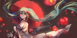 Rule 34 | 1girl, ahoge, blurry, blush, brown eyes, depth of field, floating hair, floral print, flower, from side, green hair, hair between eyes, hatsune miku, holding, holding umbrella, japanese clothes, kimono, long hair, looking at viewer, oil-paper umbrella, parted lips, petals, red flower, shadowsinking, solo, umbrella, very long hair, vocaloid, white kimono, wide sleeves