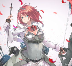 Rule 34 | 1girl, ark royal (kancolle), bad id, bad twitter id, blue eyes, brown gloves, cleavage cutout, clothing cutout, corset, fingerless gloves, flower, gloves, hairband, highres, kantai collection, red flower, red hair, red ribbon, red rose, ribbon, rose, short hair, solo, sunday aki, tiara