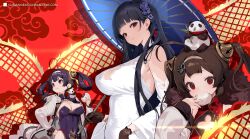 Rule 34 | 3girls, absurdres, ahoge, anchor hair ornament, azur lane, baozi, black eyes, black hair, blunt bangs, breasts, brown hair, china dress, chinese clothes, cleavage, clenched hand, covered navel, detached sleeves, dragon print, dress, eating, flower, food, fur-trimmed jacket, fur trim, hair flower, hair ornament, hair rings, hairband, hairpods, hand on own hip, highres, holding, holding food, holding umbrella, jacket, large breasts, long hair, multiple girls, ning hai (azur lane), oil-paper umbrella, panda, ping hai (azur lane), purple dress, red dress, red eyes, shisantian, twintails, umbrella, white dress, white hairband, white jacket, yat sen (azur lane), yat sen (retrofit) (azur lane)