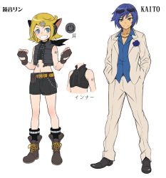 Rule 34 | 1boy, 1girl, ansatsu princess (vocaloid), blue eyes, blue flower, blue hair, blue rose, boots, character sheet, closed mouth, eyewear on head, flower, formal, full body, gloves, grin, hands in pockets, headphones, highres, kagamine rin, kaito (vocaloid), midriff, pairan, character sheet, rose, shorts, simple background, smile, suit, sunglasses, vocaloid, white suit