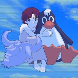 Rule 34 | 1girl, 1other, barefoot, bird, brown eyes, brown hair, cloud, full body, iwakura lain, linux, looking at viewer, penguin, psicochurroz, serial experiments lain, sitting, sky, tagme, tux, water buffalo