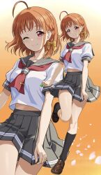 1girl grey_skirt love_live! love_live!_sunshine!! one_eye_closed orange_hair red_eyes short_hair short_sleeves skirt smile solo takami_chika uranohoshi_school_uniform zaofeng zoom_layer