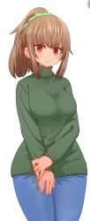 Rule 34 | 1girl, blue pants, breasts, brown hair, closed mouth, cowboy shot, green sweater, highres, jewelry, large breasts, legs together, long sleeves, looking at viewer, manaka (sumiyao), medium hair, pants, pink eyes, ponytail, ring, scrunchie, simple background, smile, solo, standing, sumiyao (amam), sweater, turtleneck, turtleneck sweater, v arms, wedding band, white background