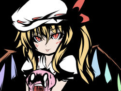 Rule 34 | 1girl, :p, black background, blonde hair, female focus, flandre scarlet, hat, oborotsuki kakeru, red eyes, scared, short hair, side ponytail, solo, tongue, tongue out, touhou, upper body, wings