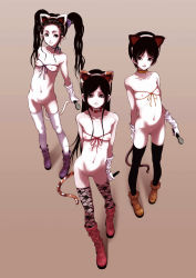 Rule 34 | 3girls, animal ears, bad id, bad pixiv id, black eyes, black hair, boots, cat ears, cat tail, cleft of venus, collar, flat chest, gloves, hairband, knee boots, long hair, microphone, multiple girls, nipples, nude, original, pussy, short hair, string, tail, thighhighs, twintails, udai, uncensored