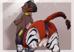 Rule 34 | 1girl, aftersex, ass, censored, centaur, cum, cum in pussy, dark skin, extra breasts, from behind, furry, j7w, pussy, looking back, monster girl, okapi (animal), original, pussy, striped, tagme, taur