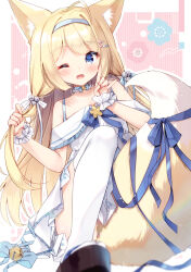 Rule 34 | 1girl, ;d, ahoge, animal ear fluff, animal ears, bare shoulders, bell, between legs, black footwear, blonde hair, blue bow, blue eyes, blue hairband, blue ribbon, bow, collarbone, commentary request, commission, copyright request, dress, fang, fox ears, fox girl, fox shadow puppet, fox tail, frilled dress, frills, hair bell, hair ornament, hairband, hairclip, hands up, heart, heart hair ornament, highres, irori, jingle bell, long hair, looking at viewer, off-shoulder dress, off shoulder, one eye closed, open mouth, ribbon, sandals, skeb commission, smile, solo, striped, striped background, tabi, tail, tail between legs, tail ornament, tail ribbon, thighhighs, vertical stripes, very long hair, white dress, white thighhighs, zouri