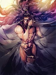 Rule 34 | 1boy, bad id, bad pixiv id, bracer, cape, chocoblood, highres, horns, jojo no kimyou na bouken, kars (jojo), loincloth, long hair, male focus, manly, muscular, muscular male, pelvic curtain, purple hair, red eyes, revealing clothes, solo, topless male, wavy hair