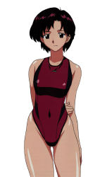 Rule 34 | 1girl, arm behind back, black eyes, breasts, brown hair, brown theme, competition swimsuit, cowboy shot, curvy, den sugiyama, gluteal fold, groin, hand on own arm, highleg, highleg swimsuit, highres, ibuki maya, neon genesis evangelion, one-piece swimsuit, scan, short hair, simple background, smile, solo, standing, swimsuit, thigh gap, thighs, white background